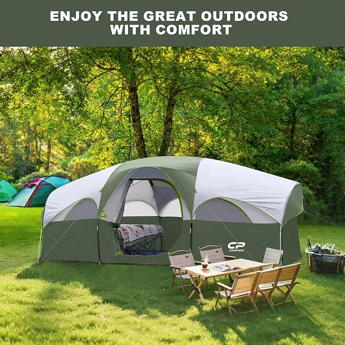 CAMPROS CP Tent 8 Person Camping Tents, Weather Resistant Family Tent, 5 Large Mesh Windows, Double Layer, Divided Curtain for Separated Room, Portable with Carry Bag
