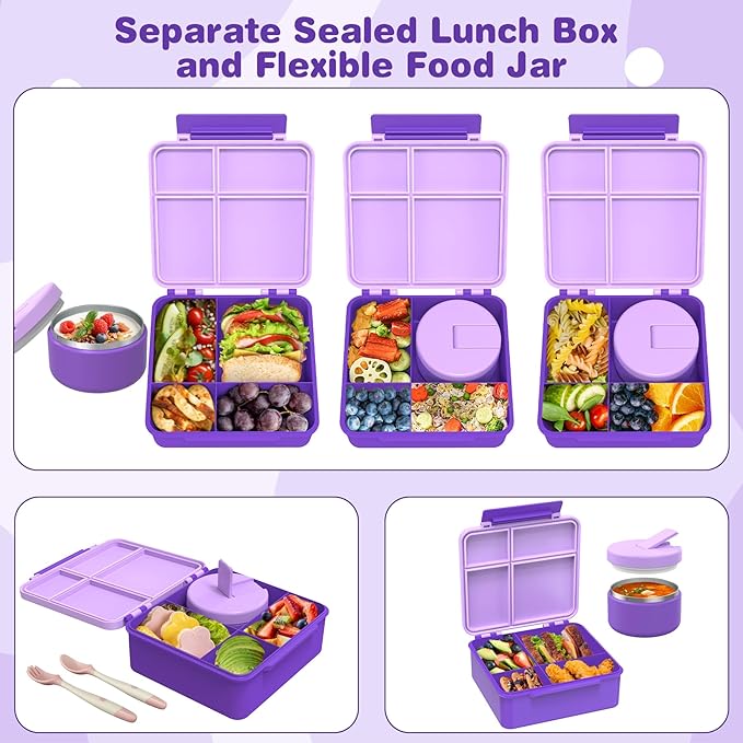 Bento Lunch Box with 8oz Soup Thermo, Kids Leakproof Lunch Food Containers with 4 Compartment, Kids Thermo Insulated Hot Food Jar for School, Trvael (Purple)