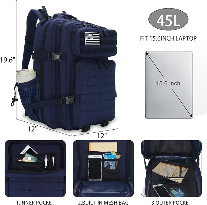 Sparklekle Military Tactical Backpack 45L 3 Day Assault Pack Waterproof Molle Hiking Rucksack for Men and Women (Blue)