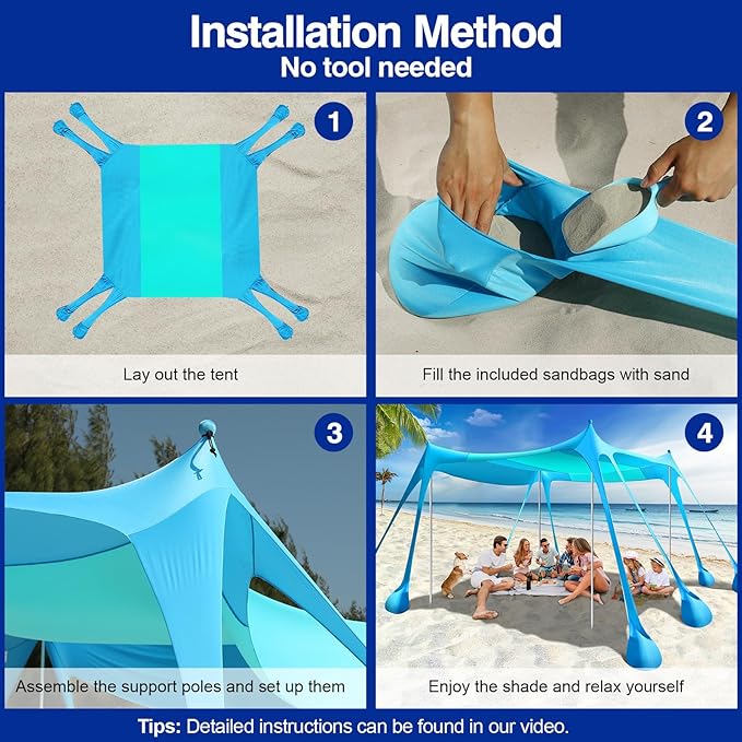Rhino Valley Beach Tent Shade Canopy UPF50+ Protection, 8 Sandbags, 4 Stability Poles, Outdoor Sun Shelter Umbrella for Sand, Camping, Fishing Essentials