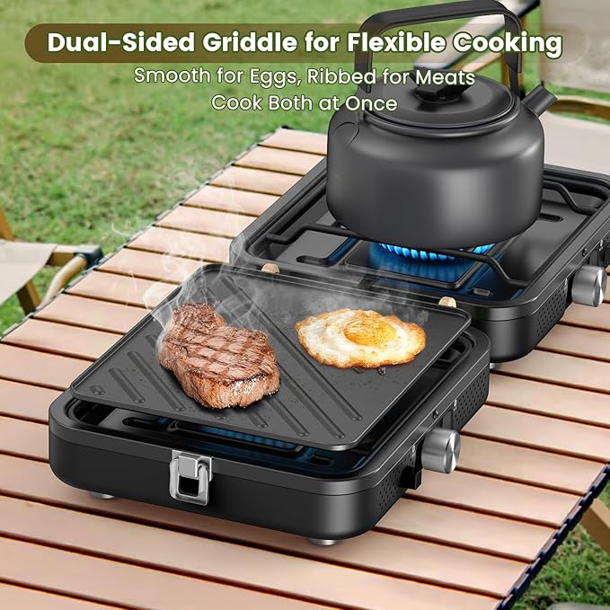 OGERY 2-Burner Foldable Camping Stove with Griddle (Textured & Smooth) and Carrying Bag, Portable Propane Camp Stove with 2 Adjustable Burners & Piezo Ignition, for Camping Tailgating Essentials Gear