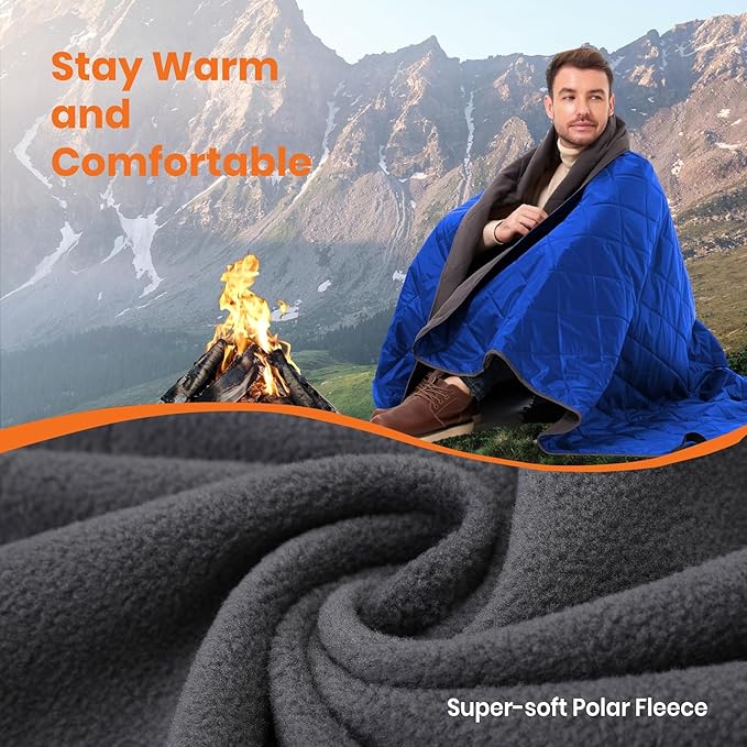 4-in-1 Large Outdoor Blanket - Waterproof & Windproof Thickened Warm Fleece Camping Blanket for Stadium, Hiking, Sporting Events - 81"x57", Packable (Sapphire Blue)