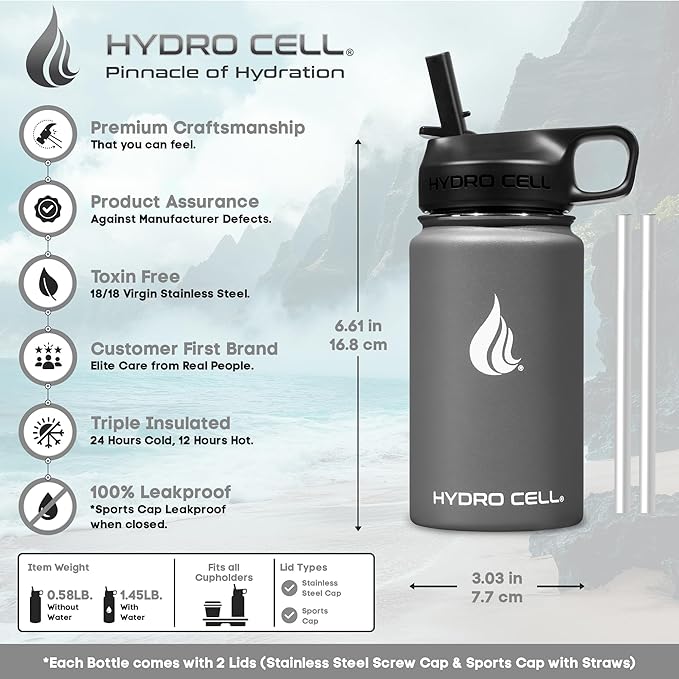 HYDRO CELL Stainless Steel Insulated Water Bottle with Straw - For Cold & Hot Drinks - Metal Vacuum Flask with Screw Cap and Modern Leakproof Sport Thermos for Adults (Graphite 14oz)
