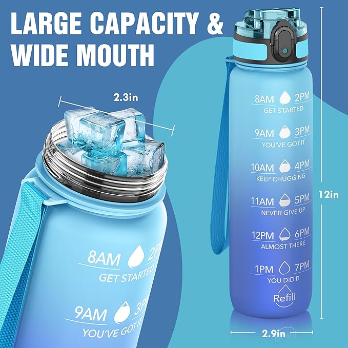 OLDLEY Water Bottle, 32oz Motivational Sports Water Bottle with Time Marker - Times to Drink - Tritan, BPA Free, Wide Mouth Leakproof, Sky (1 Bottle)