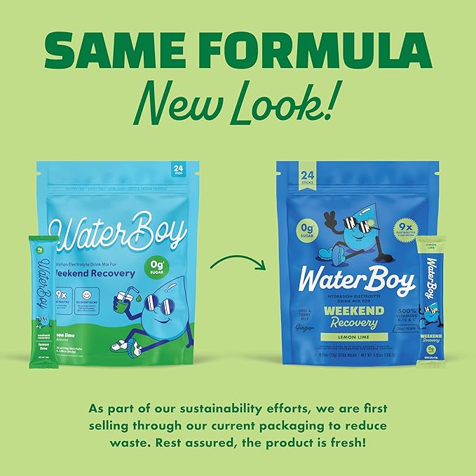 Waterboy Weekend Recovery | 3,200mg Electrolyte Powder Packets | Ginger + L-Theanine + Vitamins | No Sugar, All Natural, Gluten Free | 24 Drink Stick Mixes (Lemon Lime)