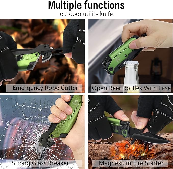 8.5" Military Outdoor Hunting Camping Pocket Knife, 7 in 1 Multi-Function Folding Knives with Fire Starter LED Light Seatbelt Cutter Glass Breaker Bottle Opener Tactical Blade (Green)