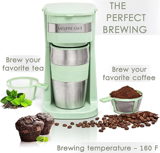 Mixpresso Single Cup Coffee Maker & 14oz Travel Mug, Lightweight Personal Drip Coffee Brewer & Tumbler, Compatible with Coffee Grounds Bubdle With 3 Piece Set Of Airtight Coffee And Sugar Plastic Cani