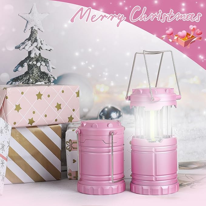 4-Pack Mini LED Pink Camping Lanterns, Portable Camping Lights, Outdoor Handled Lamps, Essential Emergency Lights for Power Outages, Hiking, Hurricane
