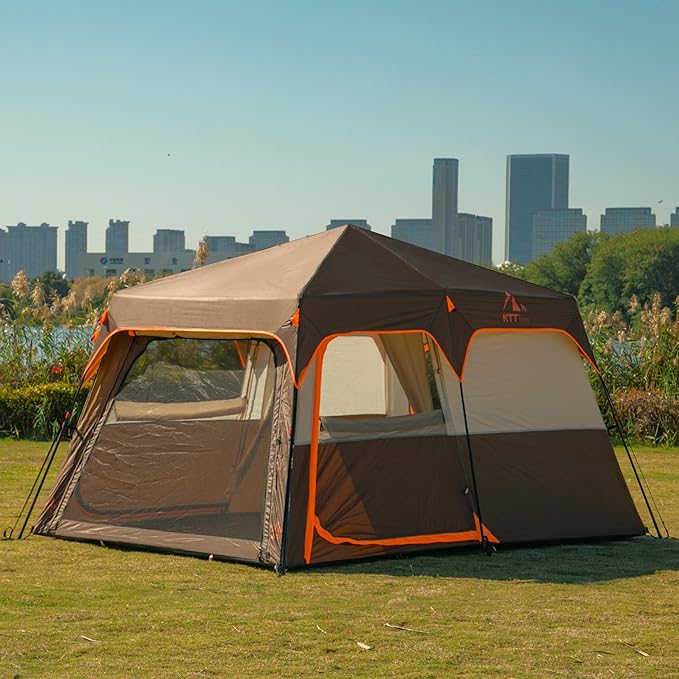 KTT Instant Tent 6 Person(C),Large Family Cabin Tents,Automatic Tent Build Quickly in 60S,2 Rooms,2 Top Windows,3 Doors and 3 Windows with Mesh,Waterproof,Big Tents for Outdoor,Picnic,Camping