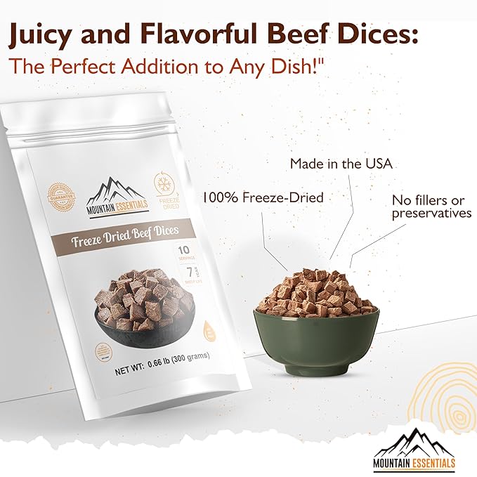 MOUNTAIN ESSENTIALS Freeze-Dried Diced Beef – Fully Cooked Meat | Pre-Cooked | 240g High Protein Intake | 10 Servings | Ready-to-Eat Meal Prep | Pantry Staples, Daily Meals, Emergency Survival, Camping Food | 7-Year Shelf Life | Made in USA