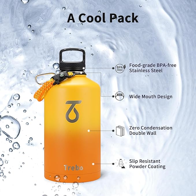 Trebo 128 oz 1 Gallon Water Bottle Insulated with Paracord Handle and Straw,Vacuum Stainless Steel Large Water Jug Keep Cold 48 Hours,Water Flask with 3 Lids for Men Women Sports,Gym, Orange