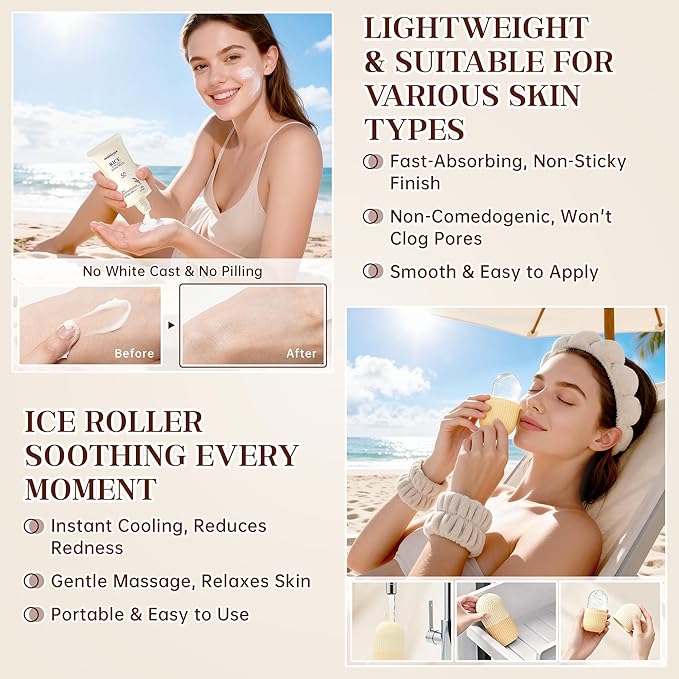 11PCS Rice Skincare Set, Korean Hydrating Skin Care for Girls Teens Women, Cleanser Toner Dual Serum Cream Eye Cream Sunscreen with Ice Roller & Headband Wristband, Daily Skincare Routine Kit