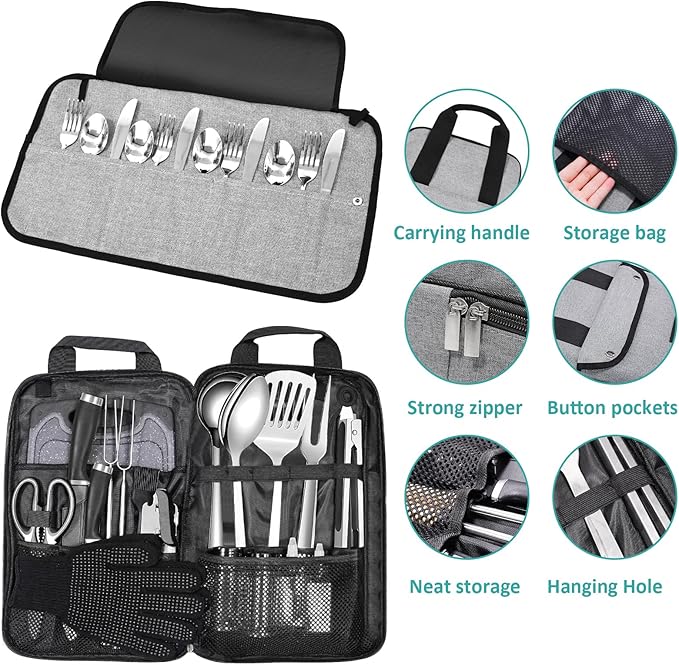 Camping Kitchen Utensil Set Outdoor Cooking Set Accessories Camping Cookware Kit for Travel, RVs, BBQs Stainless Steel Portable Camping Essentials Cooking Knife Set