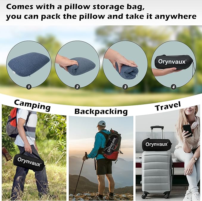 Memory Foam Camping Pillow - Lightweight & Portable Small Travel Pillow for Airplane & Train Travel, Camping, Backpacking, Removable Washable Cover, Easy to Clean, Includes Storage Bag