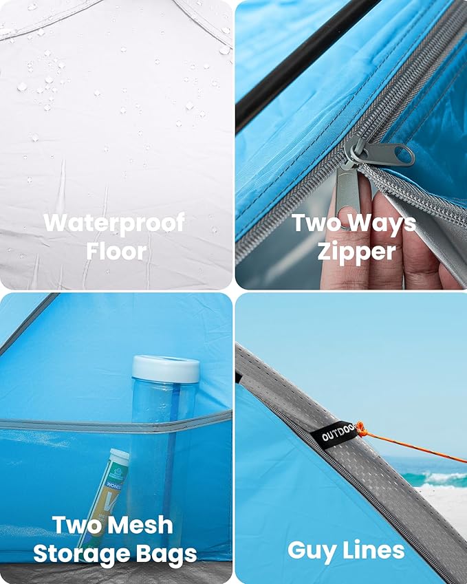 OutdoorMaster Beach Tent Sun Shelter with 2 Ventilated Doors, UPF50+ Easy Setup Beach Tent Canopy for 3 Person, Lightweight & Portable Family Beach Umbrellas for Sand with Carrying Bag -Ocracoke Coast