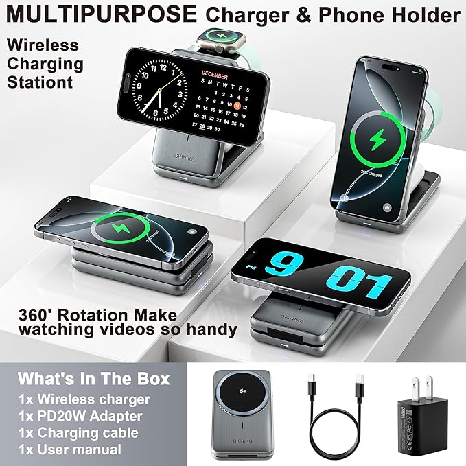 3 in 1 Charging Station, Compatible with MagSafe Charger, Qi2 Certified 15W Foldable & Travel Magnetic Wireless Charger for iPhone 17/16/15/14/13/12, Apple Watch,AirPods (20W Adapter)