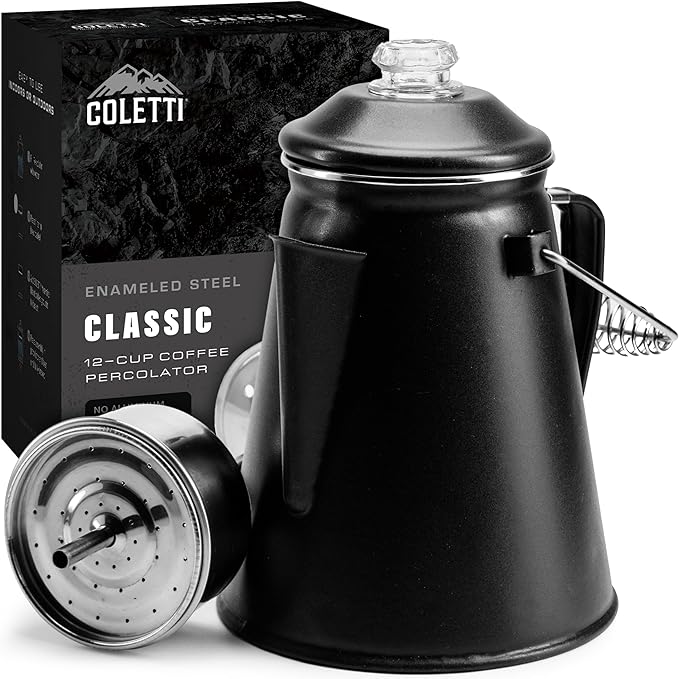 COLETTI Classic Coffee Percolator — Percolator Coffee Pot, Camp Coffee Maker – The Original Camping Coffee Pot, Now Modernized – For Campsite Brewmasters Everywhere [Matte Gray Enamel, 12 Cup]