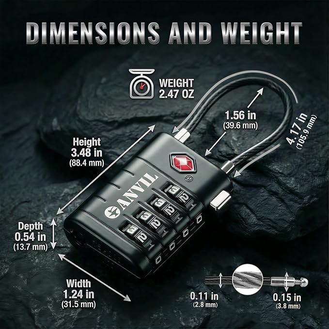 ANVIL TSA Approved Luggage Locks, 4 Digit Combination Travel Suitcase Locks with TSA008 Core and Open Alert Indicator, Zinc Alloy Body. (2, Black)