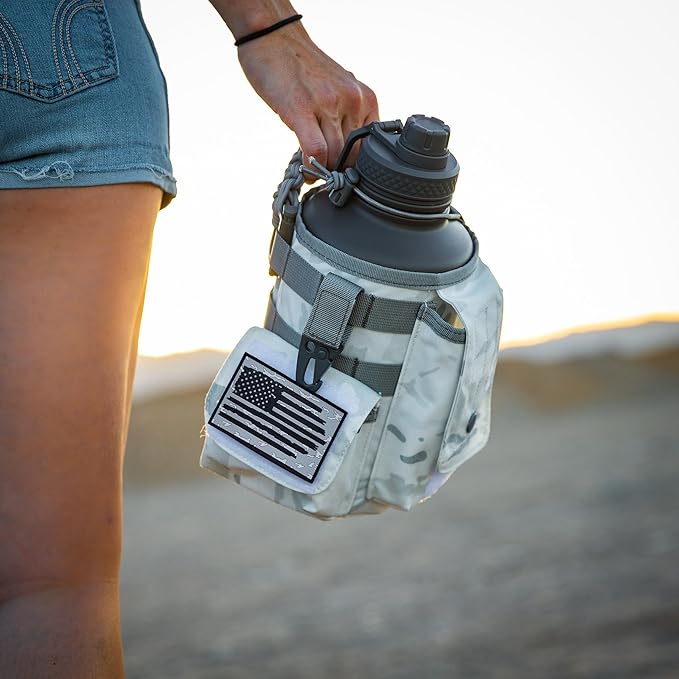 Iron Infidel Battle Bottle - Half Gallon Insulated Water Bottle with Paracord Handle, 64 oz Stainless Steel 2L Water Jug with Rugged, Removable Sleeve for Keys, Wallet, & Phone (Arctic Camo 2 Liter)