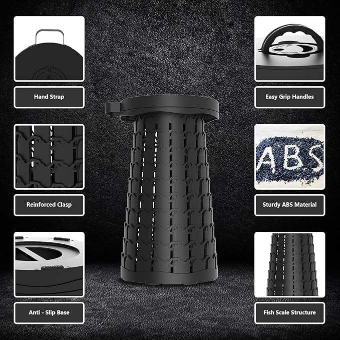 Upgraded Collapsible Stool with Max Load Capacity 330lbs Portable Telescoping & Folding Design Retractable Seat for Camping, Gardening, Fishing & Outdoor Adventures (Black)