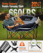 KingCamp Double Camping Chair, Oversized Heavy Duty Loveseat for Adults Portable Folding XL 2 Person Couch Padded Comfortable Two Seat with Cup Holder for Outdoor Lawn Backyard