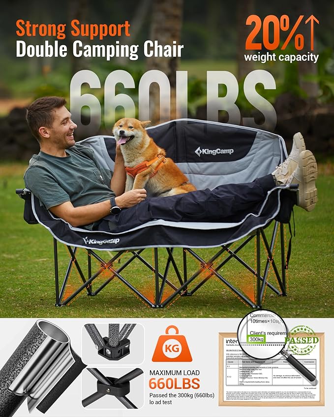 KingCamp Double Camping Chair, Oversized Heavy Duty Loveseat for Adults Portable Folding XL 2 Person Couch Padded Comfortable Two Seat with Cup Holder for Outdoor Lawn Backyard