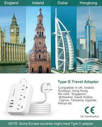 10FT Extension Cord with UK Plug Adapter, US to UK Plug Adapter with 3 Outlets 3 USB Charging Ports (USB-C), Type G Travel Adapter for USA to Scotland British London England Irish Dubai