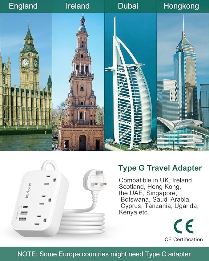 10FT Extension Cord with UK Plug Adapter, US to UK Plug Adapter with 3 Outlets 3 USB Charging Ports (USB-C), Type G Travel Adapter for USA to Scotland British London England Irish Dubai