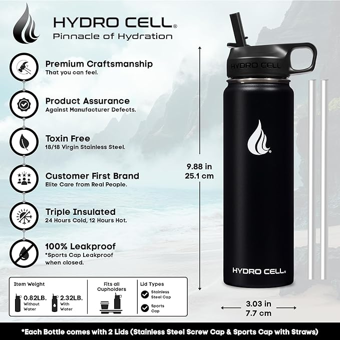 HYDRO CELL Stainless Steel Insulated Water Bottle with Straw - For Cold & Hot Drinks - Metal Vacuum Flask with Screw Cap and Modern Leakproof Sport Thermos for Adults (Black 24oz)