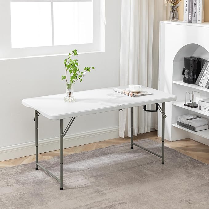 BTEXPERT Fold-in-Half Plastic 4ft Folding Utility Table Lightweight Adjustable Height Portable Carrying Handle Indoor Outdoor for Picnic Camping Office Home Party Wedding Easy to Clean Store White