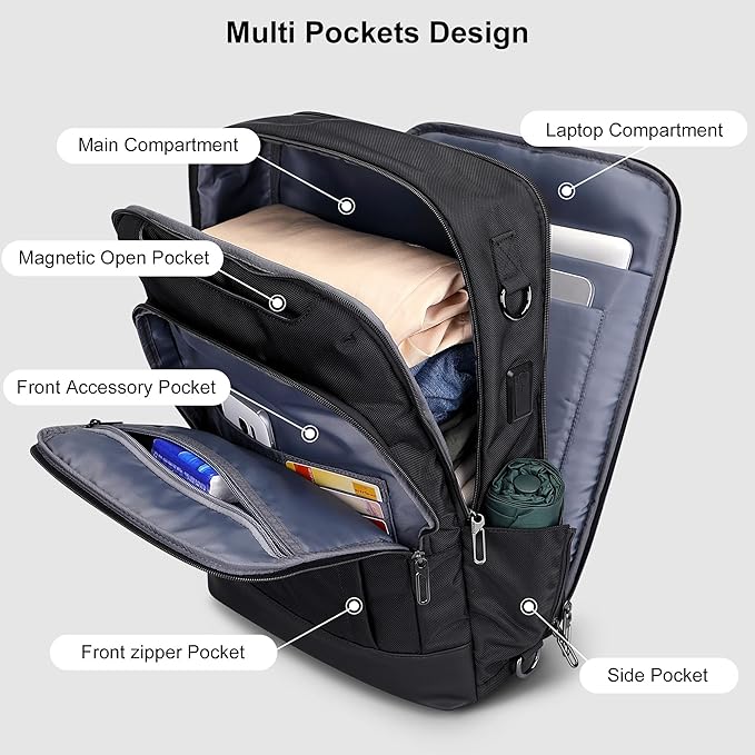 PIJUSHI Laptop Backpack for Women Men Personal Item Travel Backpack Convertible Carry on Bag Flight Approved(PE042 Black)