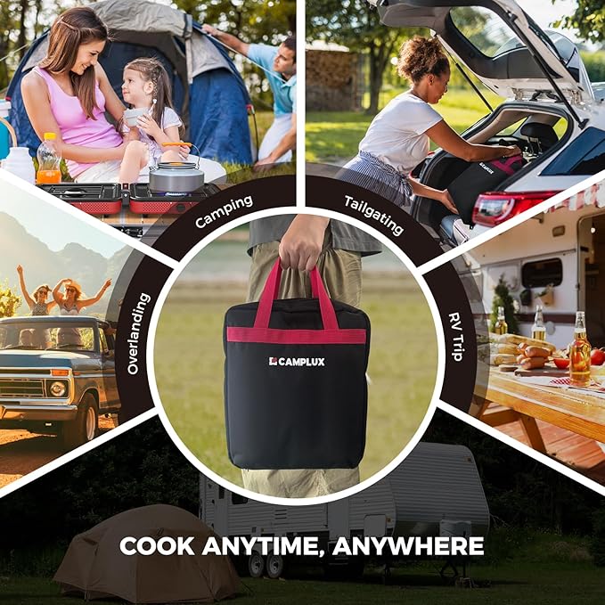 CAMPLUX FoldGo 2 Burner Portable Camping Stove 17,200 BTU, Foldable Propane Stove for Outdoor Cooking with Carry Bag, Portable Gas Stove with 2 Adjustable Burners, Red