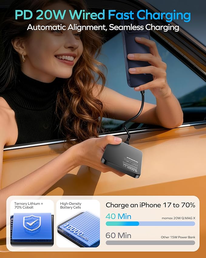 MOMAX 2 Pack Q.MAG Portable Charger Wireless 10000mAh, 0.5" Slim Power Bank Fast Charging Magnetic Battery Pack for iPhone Air/17 Pro Max/17 Pro/16/15/14/13/12 (1*USBC Port PD20W, No Lighting)