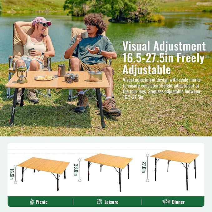 KingCamp Bamboo Folding Table, 4-Fold Camping Adjustable Height Portable Outdoor Lightweight & Compact Table with Aluminum Frame for RV Picnic BBQ Tailgating