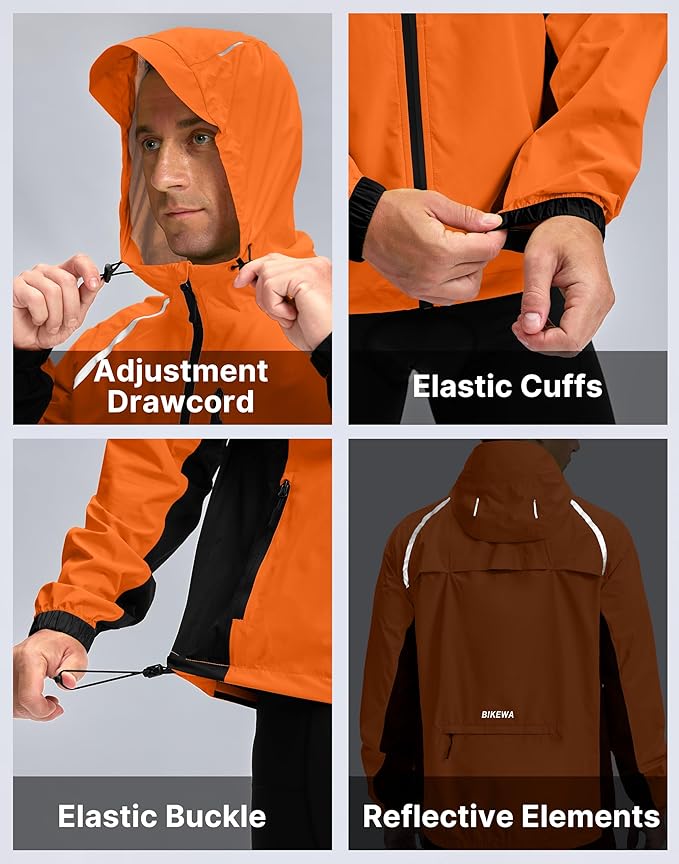 Men's Cycling Rain Jackets Waterproof Running Bike Windbreaker Lightweight Packable Hooded Jacket