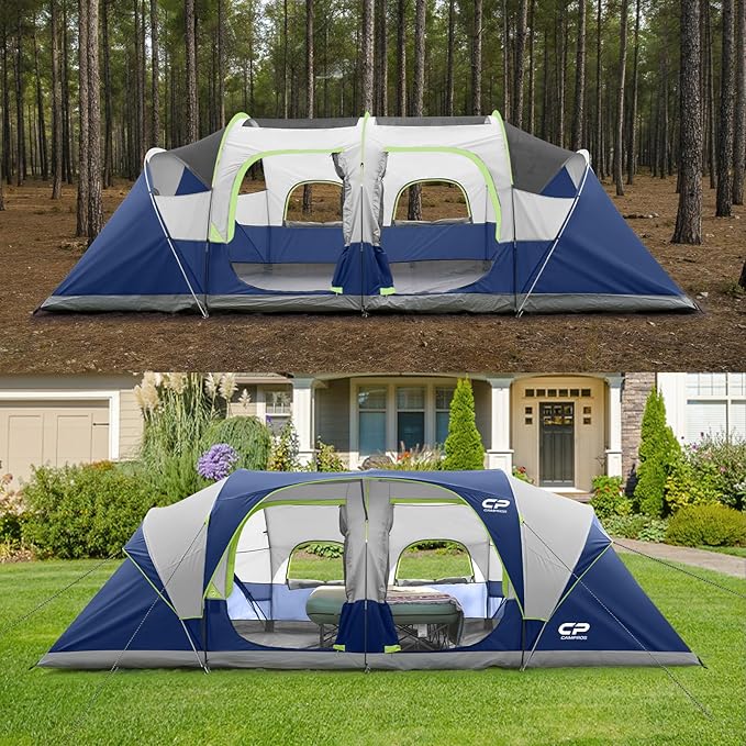 CAMPROS CP Tent 12-Person-Camping-Tents,3 Room Family Tents,Waterproof Windproof Family Tent with Top Rainfly,6 Large Mesh Windows,Double Layer,Easy Set Up, Portable with Carry Bag-20' x 9' x 72"(H)
