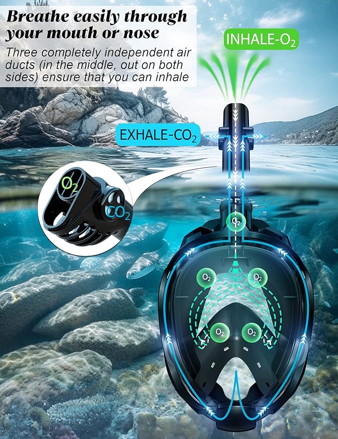 W WSTOO Full Face Snorkel Mask Adults,Suitable for Beginners Dry Top Snorkeling Gear,Can Your Mouth or Nose to Breathe,180 Degrees Panoramic View,Anti-Fog Anti-Leak,Summer Travel and Vacationing Gifts