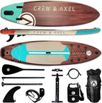 Crew Axel Inflatable Paddle Board 10’33’6” Extra Wide & Lightweight (18lb) Paddle Board – Premium SUP Set Includes 2 Bags, Floating Paddle, Camera Mount, 3 Fins, Dual Pump Kit