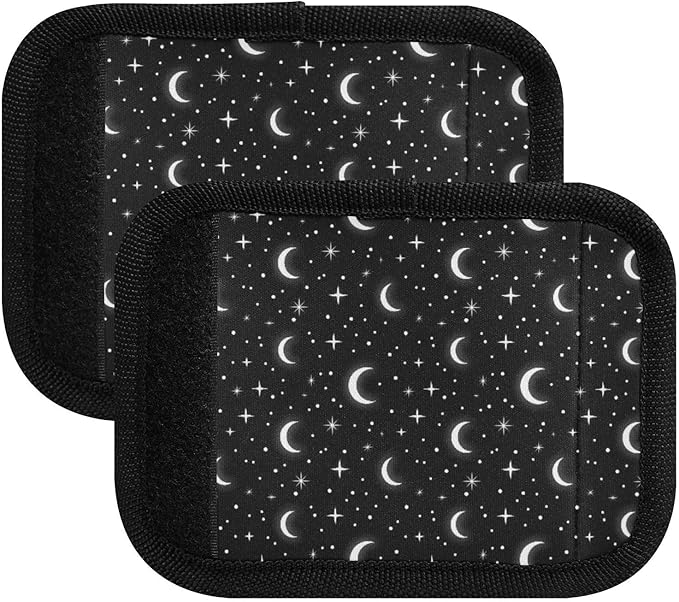 White Moons Stars Black Suitcase Handle Wraps with Writable Luggage Tags, 5.9 x 4.3 Inches Durable Polyester 4 Pack Luggage Handle Wraps for Backpack Strap Pads