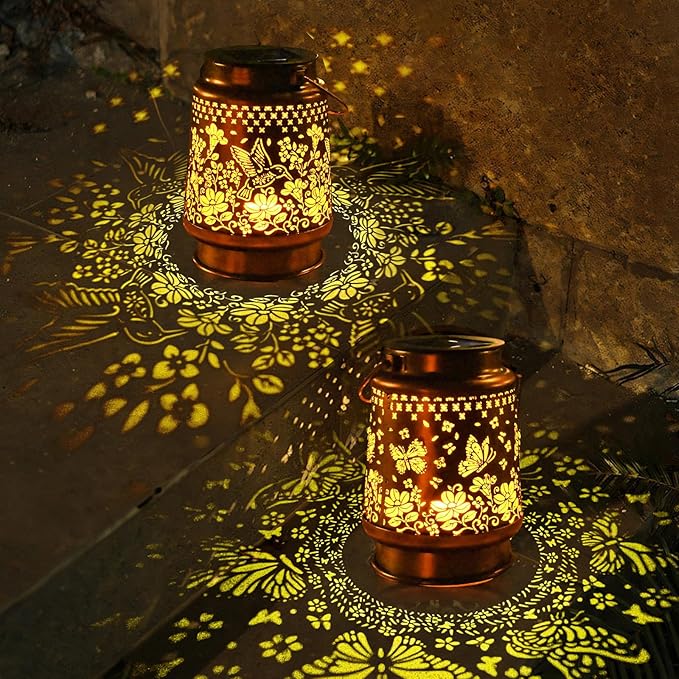 Solar Lanterns Outdoor Waterproof, 2 Pack Hummingbird & Butterfly Metal Hanging Solar Lantern, Gardening Gifts for Women Mom Grandma, Outdoor Lanterns for Yard Patio Pathway