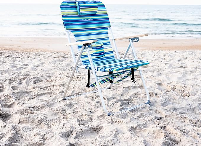 Caribbean Joe Folding Beach Chair, 4 Position Portable Backpack Foldable Camping Chair with Headrest, Cup Holder, and Wooden Armrests, 300 lb Capacity