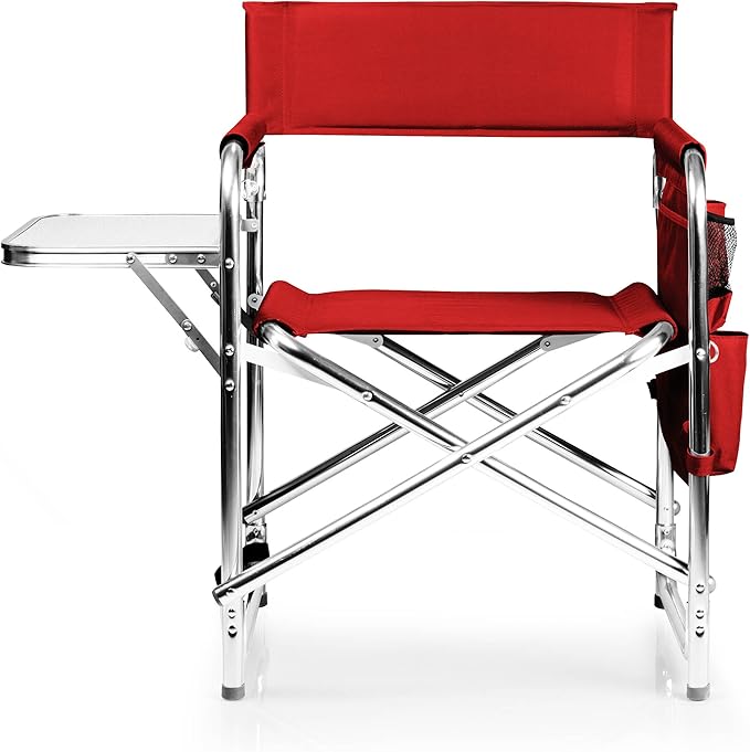 PICNIC TIME Sports Chair with Side Table, Outdoor Foldable Padded Adult Camping Chairs with Cup and Accessory Panel for Lawn, Beach, & Sports Use for Adults, up to 300-lbs Capacity, (Red)