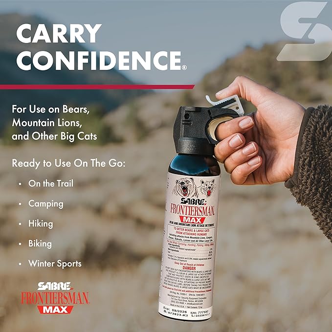 SABRE Frontiersman MAX Bear Spray – 40 ft Range, Maximum Strength, The Only EPA-Registered Spray for Bears & Mountain Lions, 7.9 oz, Glow Safety Clip, Outdoor Hiking & Camping Protection