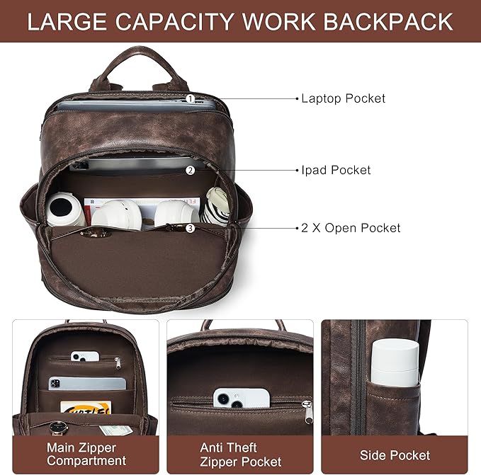 Travel Backpack for Women, Fits 17.0" Notebook, Stylish Lay-Flat Carry-on Vegan Leather Backpack with Luggage Strap for Travel and Daily Use