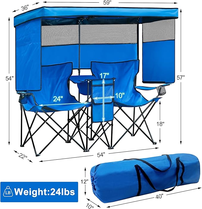 Double Beach Chair with Canopy Shade Heavy Duty Camping Chairs with Cup Holder Folding Loveseat for Outside Lawn