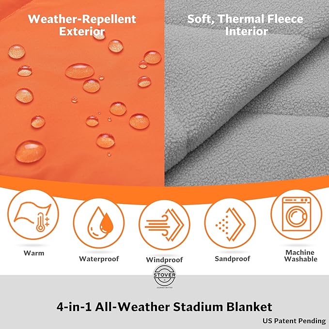 STOVER Waterproof Stadium Blanket – Portable Outdoor Camping Blanket for Travel, Picnics, or Sports – Warm, Windproof, Lightweight, and Packable (Game Day Orange)