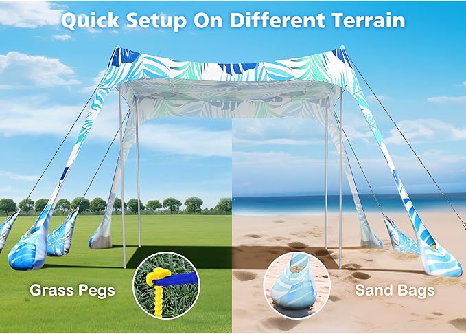 2PM SPORTS Beach Tent Canopy with UPF50+ UV Protection, Outdoor Large Beach Sun Shade Shelter for Family Picnic Camping Travel Shore Fishing, 8 Sandbags, Sand Shovel (Leaf, 10x10 FT)