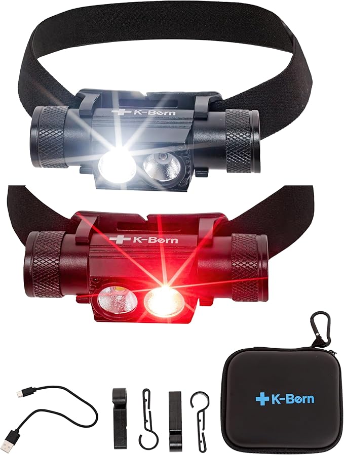 K-Bern PRO Red & White Rechargeable Headlamp. 1000 Lumen, UL Approved 3500 mAh Battery, Ultra Bright Head Lights Waterproof, Lightweight Aluminum, Perfect for Work, Dog Walking, Camping & Hiking