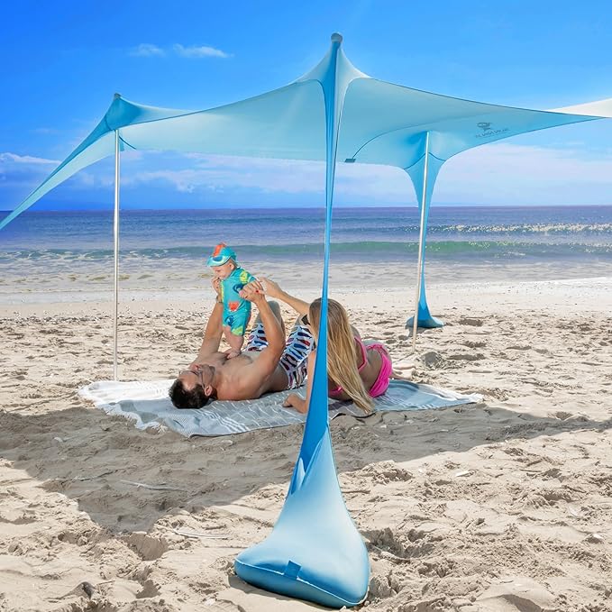 SUN NINJA Beach Tent Sun Shelter UPF50+ - Easy Pop Up Beach Canopy - Outdoor Shade for Camping Trips, Fishing, Backyard Fun Picnics - Sand Shovel, Ground Pegs & Stability Poles