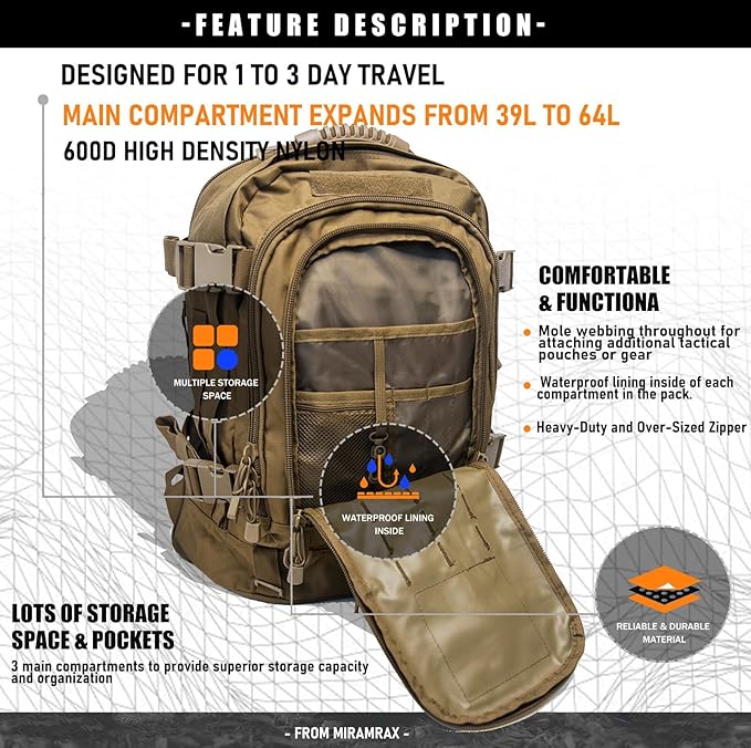 Tactical Backpack Military Hiking Daypack - Molle Backpack for Men 3 Day Assault Pack Bug Out Bag for Camping Travel Army Hunting Gym Rucksack Survival (Coyote)